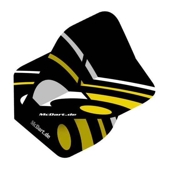Vuelos estándar McDart ID - Amarillo Das Bild zeigt einen McDart ID Standard Flight in Gelb mit schwarzen, gelben und grauen Designelementen. Auf dem Flight steht der Schriftzug "McDart.de".