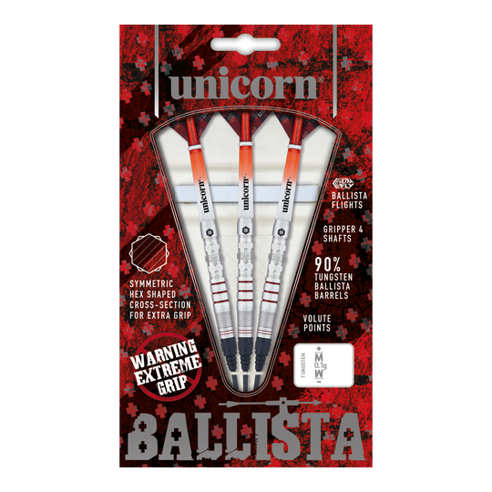 Dardos suaves estilo Ballista Unicorn 3 Das Bild zeigt eine Packung "Unicorn Ballista Style 3 Softdarts" mit drei Dartpfeilen. Die Verpackung hebt das symmetrische Hex-Muster für zusätzlichen Grip und 90% Tungsten-Barrels hervor.