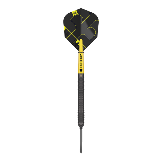 Dardos de acero Target Bolide Void 04 Swiss Point Auf dem Bild ist ein Target Bolide Void 04 Swiss Point Steeldart zu sehen. Der Dart ist schwarz mit gelben Akzenten gestaltet und hat eine gezackte Griffstruktur.