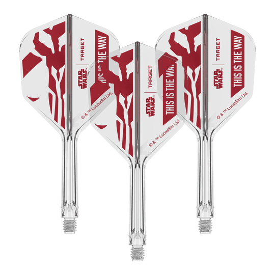 Set Target Star Wars K-Flex Mandalorian No6 Vuelos Abgebildet ist das Produkt 410624_Target_StarWars_K-Flex_ThisIsTheWay_No6_Flights_26mm_2b. Das Motiv orientiert sich vermutlich an 'This Is The Way' aus Star Wars.
