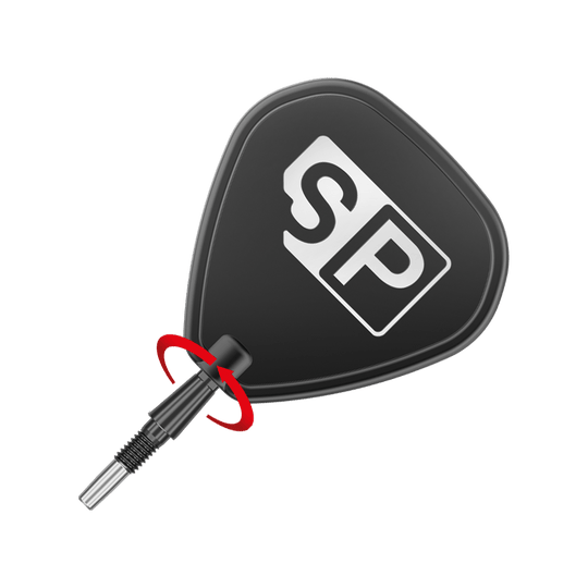 Puntas de dardos Target Swiss Point Storm Surge de acero - Negras Das Bild zeigt eine schwarze Steeldartspitze mit dem weißen Aufdruck "SP". Eine rote Pfeilmarkierung deutet darauf hin, dass die Spitze gedreht oder geschraubt werden kann.