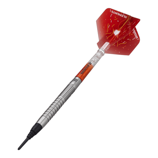 Dardos blandos Unicorn Core XL Striker Style 1 - 19 g Das Bild zeigt einen Unicorn Core XL Striker Style 1 Softdart mit 19g Gewicht. Der Dart hat eine silberne, geriffelte Spitze und rote Flights mit einem auffälligen Design.