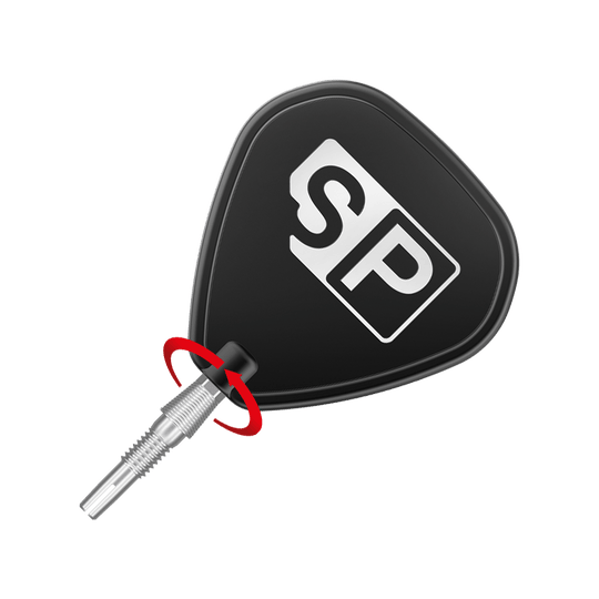 340080_Target_Swiss_Storm_Nano_Point_Dartspitzen_Silber_3_SP Das Bild zeigt eine silberne Dartspitze mit einem schwarzen Flight, auf dem die Buchstaben „SP“ zu sehen sind. Ein roter Pfeil markiert die Stelle, an der die Spitze mit dem Flight verbunden ist.