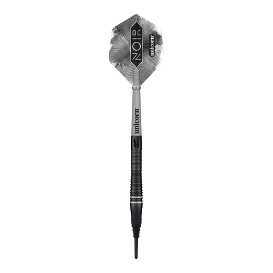 Dardos blandos Unicorn World Champion Gary Anderson Noir Phase 6 Das Bild zeigt einen Softdart aus der Produktreihe "Unicorn World Champion Gary Anderson Noir Phase 6". Der Dart hat ein schwarzes, elegantes Design mit der Aufschrift "Noir" und "Unicorn" auf dem Flight.