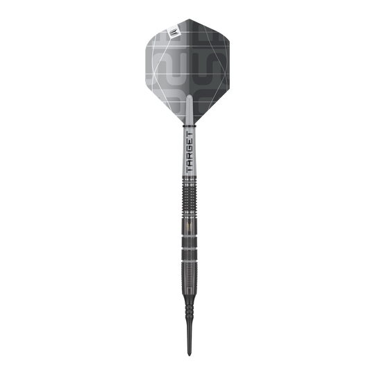 Dardos blandos Target Nathan Aspinall X Echo - 18 g Das Bild zeigt einen Target Nathan Aspinall X Echo Softdart mit einem Gewicht von 18g. Der Dartpfeil ist überwiegend in Silber und Schwarz gehalten und hat eine moderne, geometrische Flugfeder.