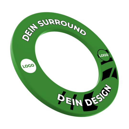 Marco de diana con tu diseño Das Bild zeigt einen Dartboard-Surround mit zentralem Motiv. Der Produktname ist aufgedruckt.
