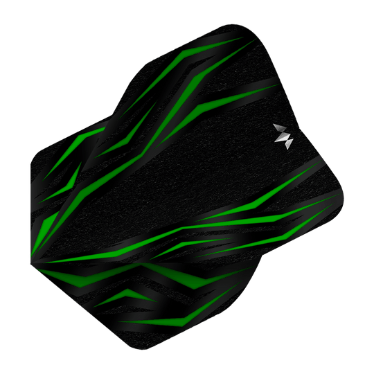 Misión Lava Verde N°2 Vuelos Estándar Das Bild zeigt das Produkt „Mission Lava Green No2 Standard Flights“. Es ist ein schwarzes Dart-Flight mit grünen, lavamusterartigen Linien.