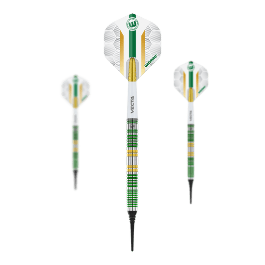 Dardos blandos Winmau Xenon - 20 g Das Bild zeigt drei Winmau Xenon Softdarts mit einem Gewicht von 20 Gramm. Die Darts haben ein auffälliges grünes, gelbes und silbernes Design mit weißen Flights.