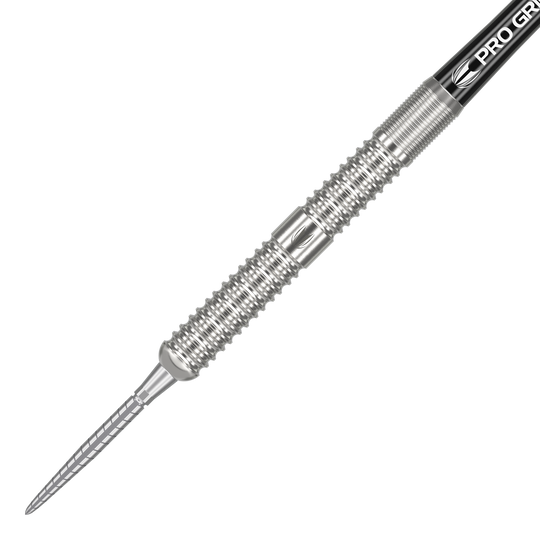 Dardos de acero Target Sebastian Bialecki GEN1 Swiss Point - 22 g Auf dem Bild ist ein steeldart mit silbernem, gerilltem Barrel und spitzem Metallkopf zu sehen. Es handelt sich um das Produkt "Target Sebastian Bialecki GEN1 Swiss Point Steeldarts - 22g".