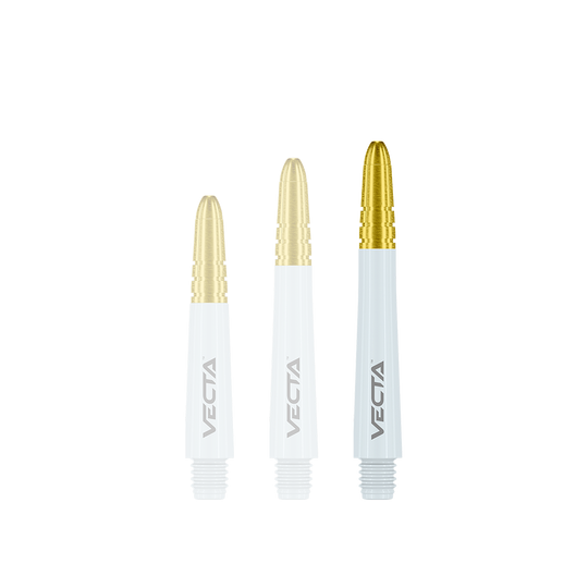 Auf dem Bild sind drei Dartshafts in Weiß und Gold zu sehen. Sie haben das Wort "VECTA" aufgedruckt und unterscheiden sich in der Länge.