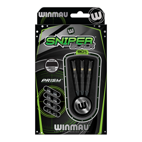 Dardos blandos Winmau Sniper Black - 20 g Die Abbildung zeigt die Winmau Sniper Black Softdarts mit einem Gewicht von 20g. Die Verpackung enthält drei schwarze Softdarts aus 90% Tungsten.