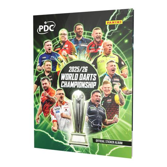 Abgebildet ist das Panini PDC World Darts Championship 2025/26 - Official Sticker Hardcover Sammelalbum. Dieses Sammelalbum bietet Platz für Sticker zur Darts-Weltmeisterschaft.