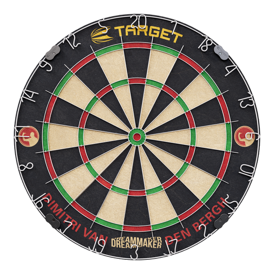 Juego de dianas de acero Target Dimitri Van Den Bergh Das Bild zeigt eine Steeldartscheibe mit dem Namen "Target Dimitri Van Den Bergh Steeldartboard Set". Am unteren Rand steht der Schriftzug "Dimitri Van Den Bergh" und in der Mitte unten "Dreammaker".