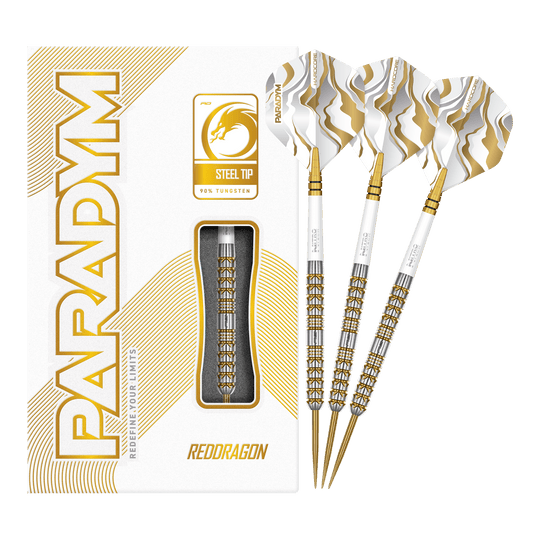 Dardos de acero paralelos Red Dragon Paradym Gold Abgebildet sind die Red Dragon Paradym Gold Parallel Steeldarts in voller Länge. Diese Steeldarts zeichnen sich durch ein geradliniges und glänzendes Design aus.