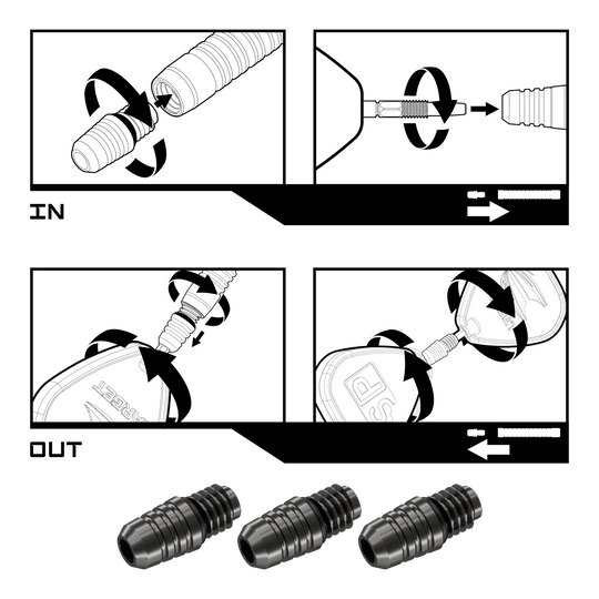Das Bild zeigt die Montage- und Demontageanleitung für den Target Swiss Point 2BA Converter - Schwarz. Unten im Bild sind drei der schwarzen Converter abgebildet.