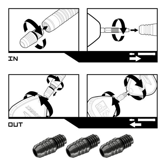 Convertidor Target Swiss Point 2BA - Negro Das Bild zeigt die Montage- und Demontageanleitung für den Target Swiss Point 2BA Converter - Schwarz. Unten im Bild sind drei der schwarzen Converter abgebildet.