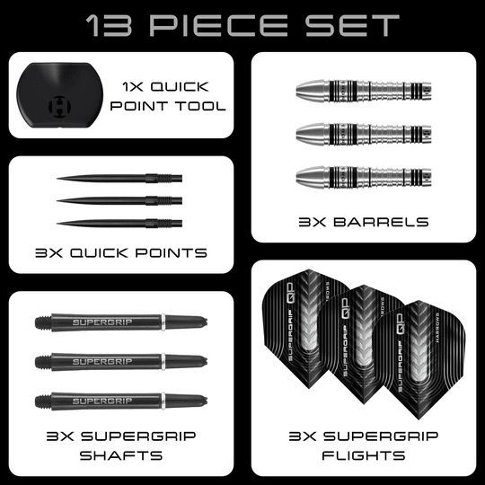 Dardos de acero Harrows Supergrip Bomb Quick Point Hier sind die Harrows Supergrip Bomb Quick Point Steeldarts zu sehen. Die Darts eignen sich hervorragend für präzises Spiel.