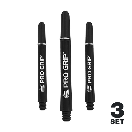 Varillas Target Pro Grip - 3 juegos - Color negro Das Bild zeigt drei schwarze Dartschäfte der Marke "Pro Grip". In der rechten unteren Ecke steht "3 Set".