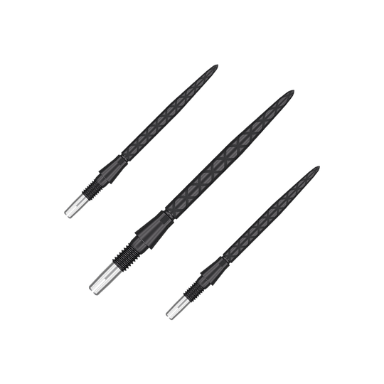 Das Bild zeigt drei schwarze Dartspitzen mit diamantförmigem Muster. Sie sind in einer Reihe nebeneinander angeordnet.