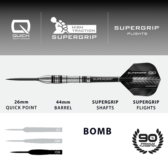 Dardos de acero Harrows Supergrip Bomb Quick Point Dies ist ein Bild der Harrows Supergrip Bomb Quick Point Steeldarts. Die Steeldarts zeichnen sich durch ihren besonders guten Grip aus.
