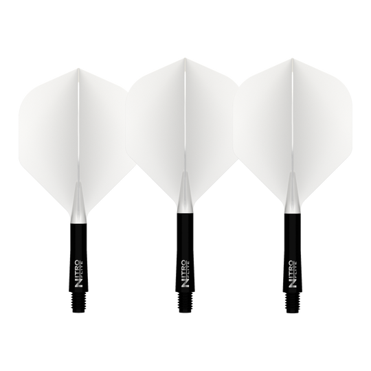 Red Dragon Nitroflite Eje negro Vuelos blancos No. 2 Abgebildet ist der Red Dragon Nitroflite Black Shaft White Flights No2. Es handelt sich um einen Dart-Schaft in Schwarz mit weißen Flights.