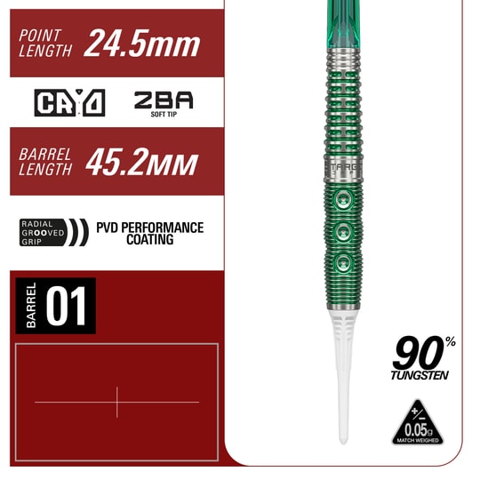 Hier sind die Target Japan Prime Series Motomu Sakai Xeno GEN1 Softdarts - 19g abgebildet. Das Produkt ist ideal für Präzision und Leistung beim Dartspiel.