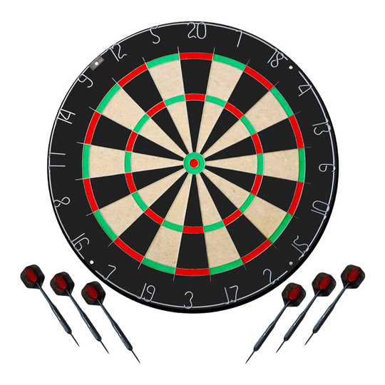 Juego de dardos Karella BullOut que incluye 2 juegos de dardos de acero. Das Bild stellt das Karella Dartboard BullOut Set mit zwei Sets Steeldarts dar. Es bietet alles, was man für ein direktes Dartspiel benötigt.
