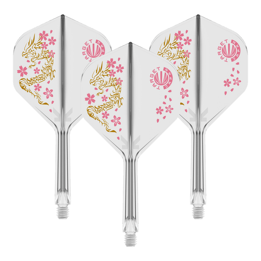 Target Japan K-Flex Smash No2 Standard Flight-Shaft-System Das Bild zeigt drei Dartflights des Produkts "Target Japan K-Flex Smash No2 Standard Flight-Shaft-System". Die Flights sind weiß mit einem goldenen Drachendesign und rosa Kirschblüten verziert.