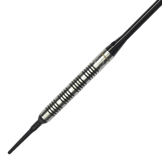 Dardos blandos McDart 85 Tungsteno V17 - 16,5 g Das Bild zeigt einen McDart 85er Tungsten V17 Softdart mit einem Gewicht von 16,5g. Der Dart hat ein silber-schwarzes, griffiges Barrel und eine schwarze Spitze.