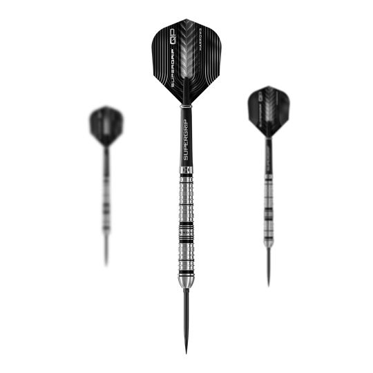 Dardos de acero de punta rápida cónica Supergrip de Harrows Das Produktbild präsentiert die Harrows Supergrip QP Tapered Quick Point Steeldarts. Diese Darts zeichnen sich durch ihre spezielle Form und hochwertige Verarbeitung aus.