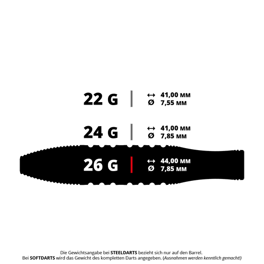Dardos de acero Target Phil Taylor Gx2 Swiss Point Abgebildet ist ein Target Phil Taylor Gx2 SP Steeldart mit 26g. Es handelt sich um ein Foto eines einzelnen Dartpfeils.