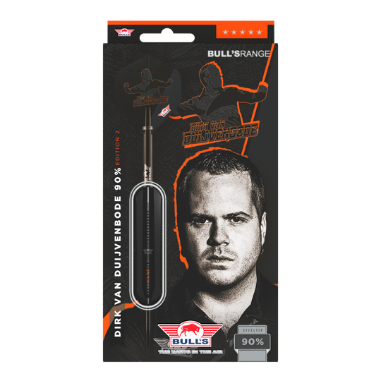 Bulls NL Dirk Van Duijvenbode Edition 2 dardos de acero Die Abbildung zeigt die Verpackung der "Bulls NL Dirk Van Duijvenbode Edition 2 Steeldarts". Auf der Verpackung ist ein Bild von Dirk Van Duijvenbode sowie ein Dartpfeil zu sehen.
