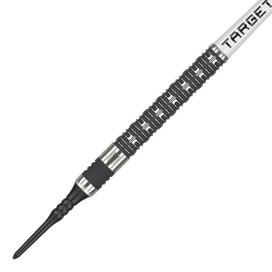 Dardos blandos Target Chris Dobey Hollywood Action - 20 g Das Bild zeigt einen Softdart aus der Serie "Target Chris Dobey Hollywood Action Softdarts - 20g". Der Dart hat ein markantes, silber-schwarzes Design mit einem strukturierten Griff.
