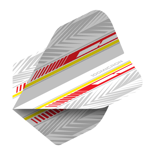 Vuelos de pentatlón blanco/rojo/amarillo Das Bild zeigt die Pentathlon White Red Yellow No2 Standard Flights. Die Flights sind überwiegend weiß und grau mit roten und gelben Akzenten sowie einem modernen Muster.