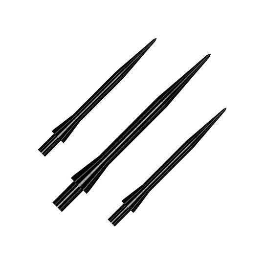 Puntas de dardos Winmau Velocity Black de acero - 30 mm Das Bild zeigt drei schwarze Steeldartspitzen des Modells "Winmau Velocity Black" in 30 mm Länge. Die Spitzen sind spitz zulaufend und metallisch glänzend.