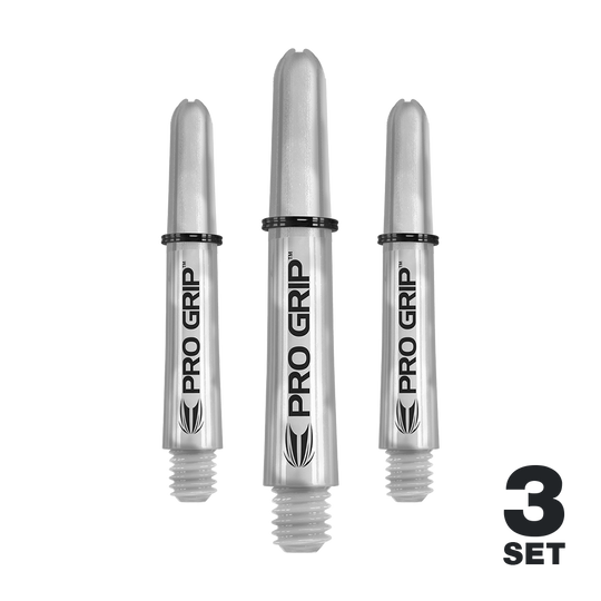 Varillas Target Pro Grip - 3 juegos - Transparentes Das Bild zeigt drei transparente Pro Grip Schäfte für Darts. Unten rechts steht "3 Set" als Hinweis auf den Lieferumfang.