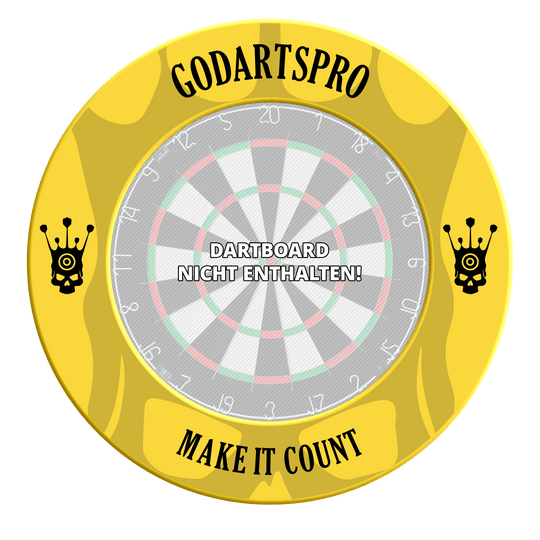 Borde para diana Go Darts Pro Abgebildet ist ein gelber Dartboard-Surround aus der GoDartsPro-Serie. Das Produkt bietet Schutz für die Wand und das Dartboard.