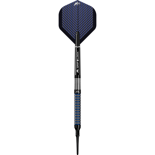 dardos blandos Mission Nightfall Modelo 1 Das Bild zeigt einen Softdart namens "Mission Nightfall Model 1". Der Dart hat schwarze und blaue Akzente sowie eine strukturierte Griffzone.