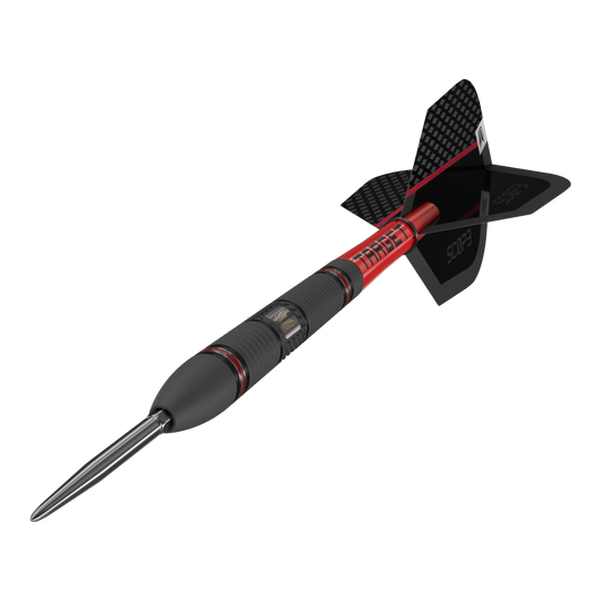 Dardos de acero Target Scope 02 Swiss Point Das Bild zeigt den Target Scope 02 Swiss Point Steeldart. Der Dartpfeil hat ein schwarzes und rotes Design mit einer metallischen Spitze und schwarzen Flights.
