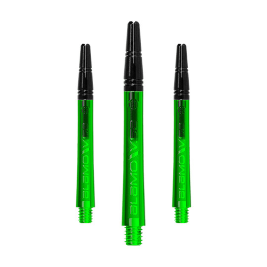 Varillas Harrows Alamo VS2 - Verde Ein Set langer Dart-Schäfte mit glänzender Textur ist zu sehen. Die Schäfte liegen sortiert nebeneinander.