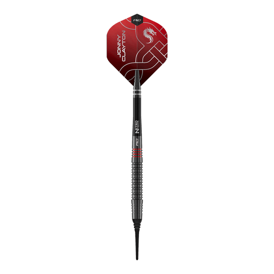 Das Bild zeigt die Red Dragon Jonny Clayton RD-ADV Softdarts - 18g. Ein einzelner Softdart wird von oben präsentiert.