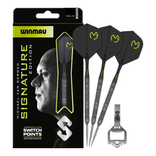 Winmau Michael van Gerwen Signature Edition Switch Points Dardos de acero Das Bild zeigt die Winmau MvG Signature Edition Switch Points Steeldarts. Es handelt sich um hochwertige Steeldarts speziell für Profis und Sammler.