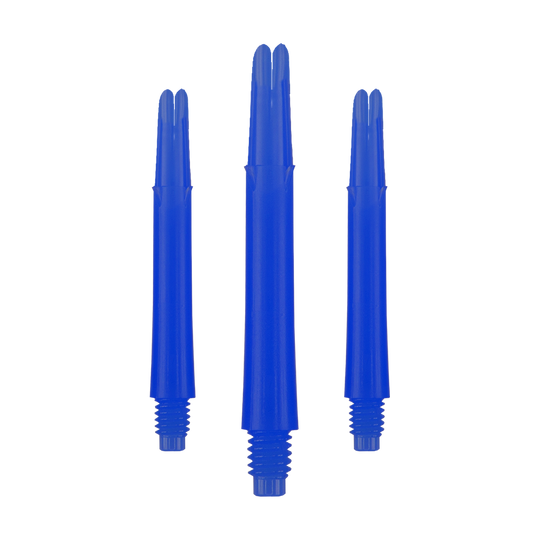 Ejes en L bloqueados rectos estilo L - Azul Auf dem Bild sind drei blaue, gerade Dartschäfte zu sehen. Sie haben ein Schraubgewinde am unteren Ende und sind in einer Reihe angeordnet.