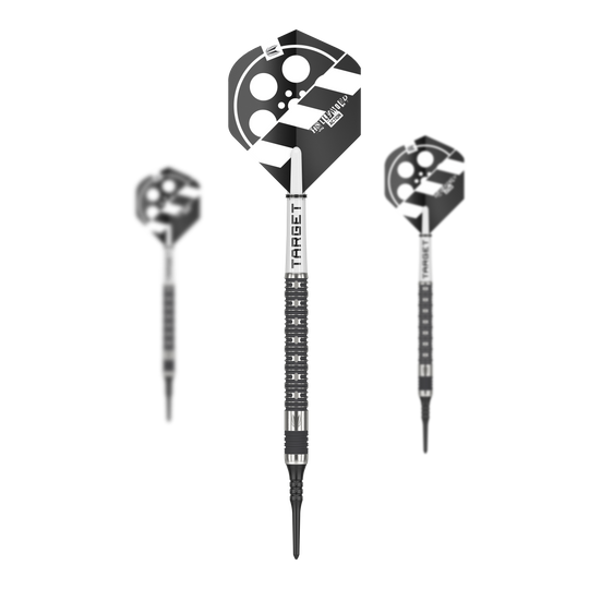 Dardos blandos Target Chris Dobey Hollywood Action - 20 g Das Bild zeigt drei Softdarts des Produkts "Target Chris Dobey Hollywood Action Softdarts - 20g". Die Flights der Darts sind mit einem schwarz-weißen Hollywood-Design verziert.