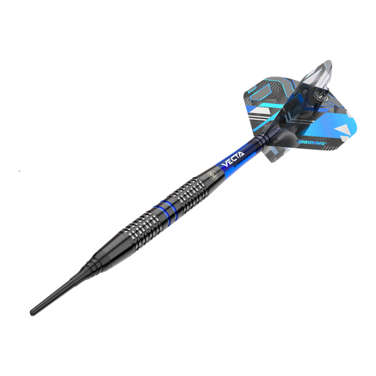 Dardos blandos Winmau Galactics - 20 g Das Bild zeigt einen Winmau Galactics Softdart mit einem Gewicht von 20 Gramm. Der Dart ist überwiegend schwarz mit blauen Akzenten und verfügt über ein modernes Design.