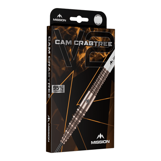 Das Bild zeigt die Mission Cam Crabtree V2 95% Tungsten Steeldarts. Diese Darts zeichnen sich durch ihr professionelles Design und hohe Qualität aus.