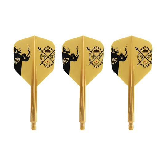 Das Bild zeigt drei gelbe Dart-Flights mit schwarzem Motiv und Aufdruck. Es handelt sich um das Produkt "Condor AXE Devon Petersen Inspiration Flight-System - Small".