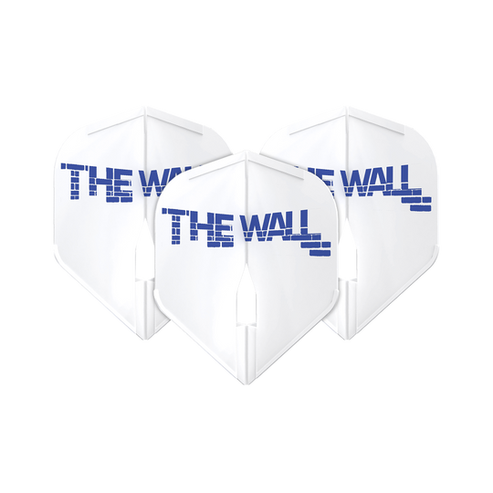 Vuelos Martin Schindler L-Style blancos L1PRO Das Bild zeigt drei weiße Dartflights mit der Aufschrift "THE WALL" in blauer Schrift. Die Flights sind das Modell "L-Style Martin Schindler Weiß L1PRO".
