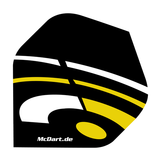 Vuelos estándar McDart ID - Amarillo Das Bild zeigt ein McDart ID Standard Flight in den Farben Schwarz, Gelb und Weiß. Auf dem Flight ist auch die Webseite "McDart.de" aufgedruckt.