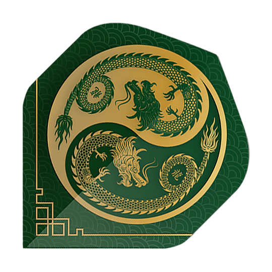 Vuelos de pentatlón Dragón verde Das Bild zeigt einen Pentathlon Dragon 3 Standard Flight in Grün mit einem goldenen Drachenmotiv. Das Design ist detailreich und erinnert an ein asiatisches Kunstwerk.
